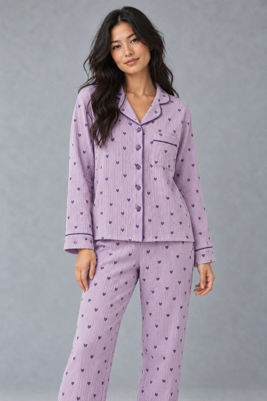 Ensemble Pyjama Femme Violet – porté de face, en pied