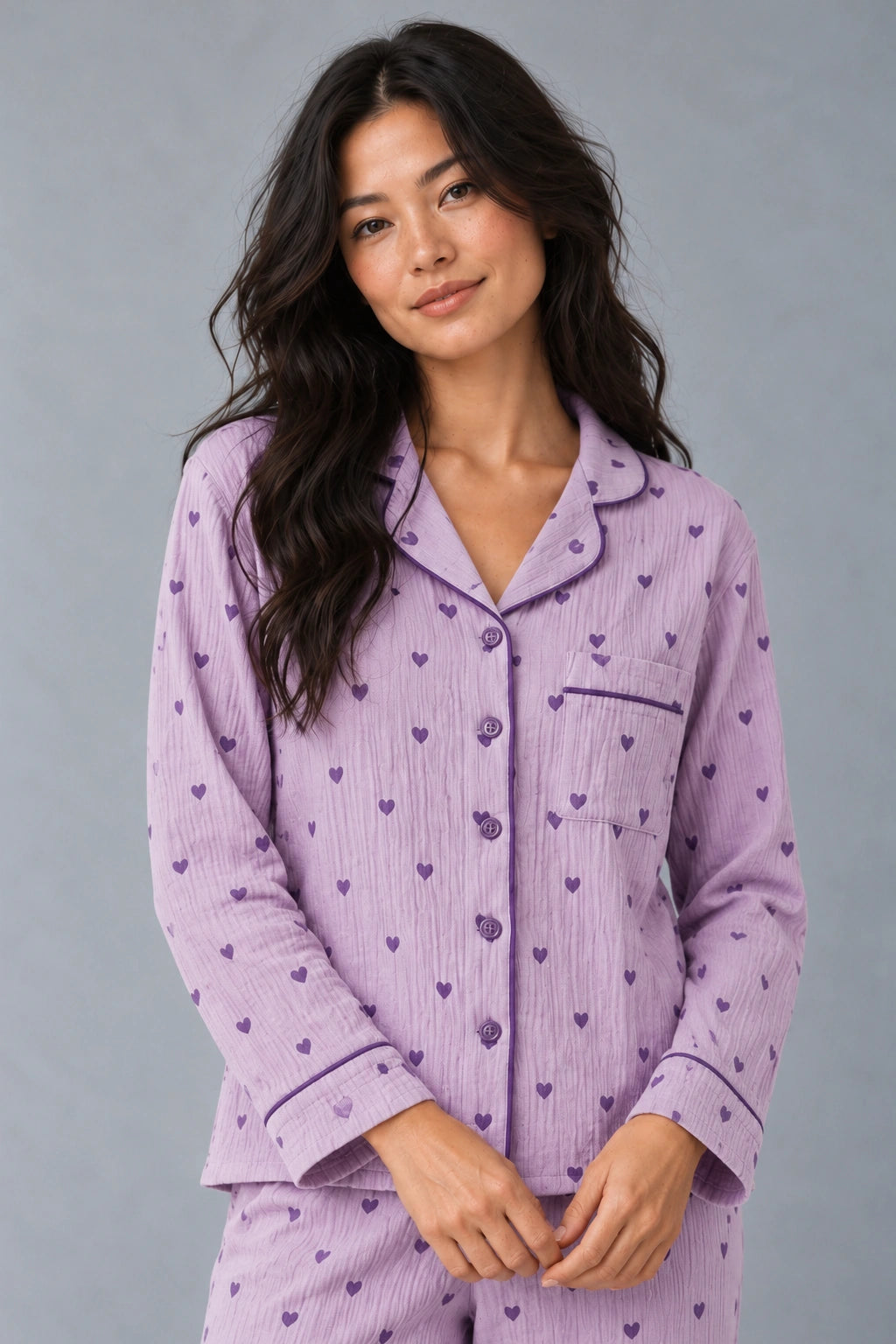 Ensemble Pyjama Femme Violet – portrait buste, col drapé