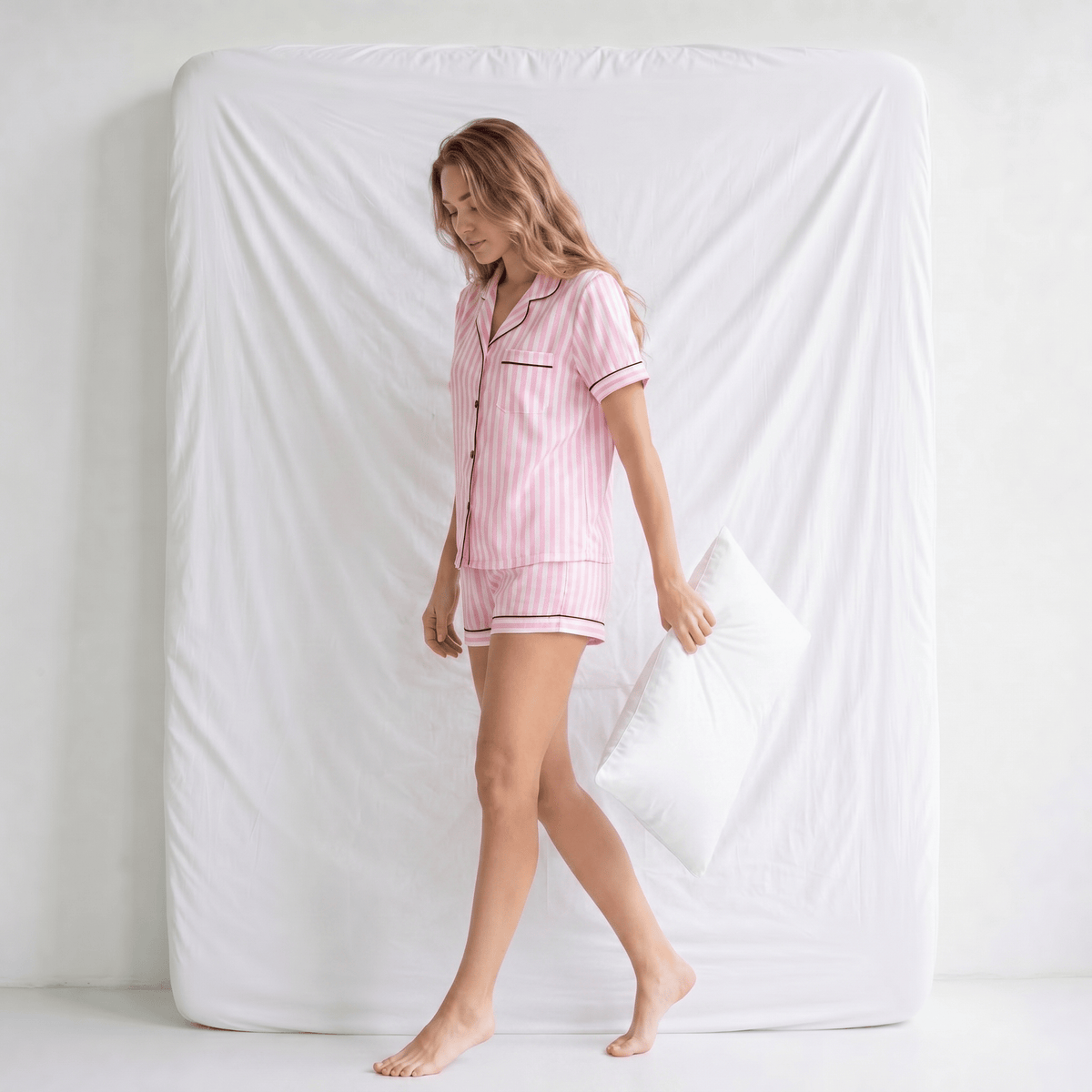 Pyjama Femme Satin Rose à Rayures